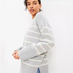 LOFT Striped Crewneck Sweater in Light Gray and Cream